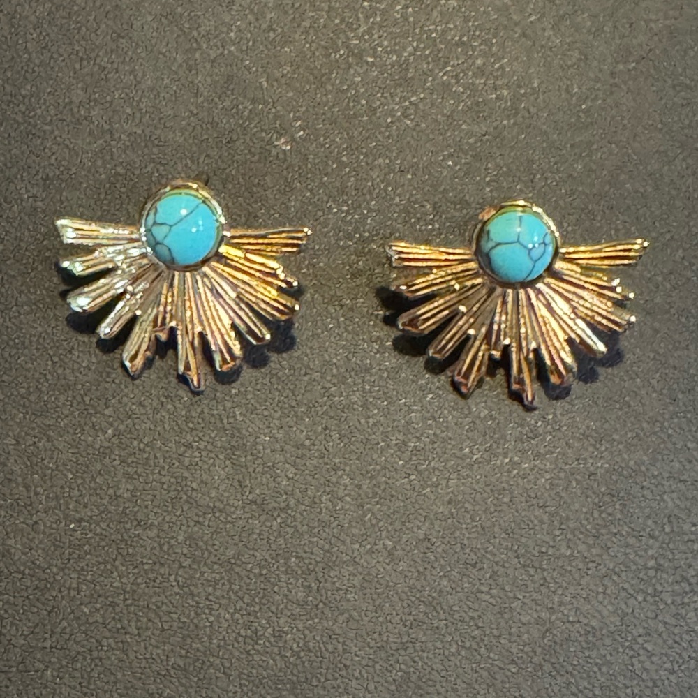 Gold and Blue Art Deco Fan Earrings